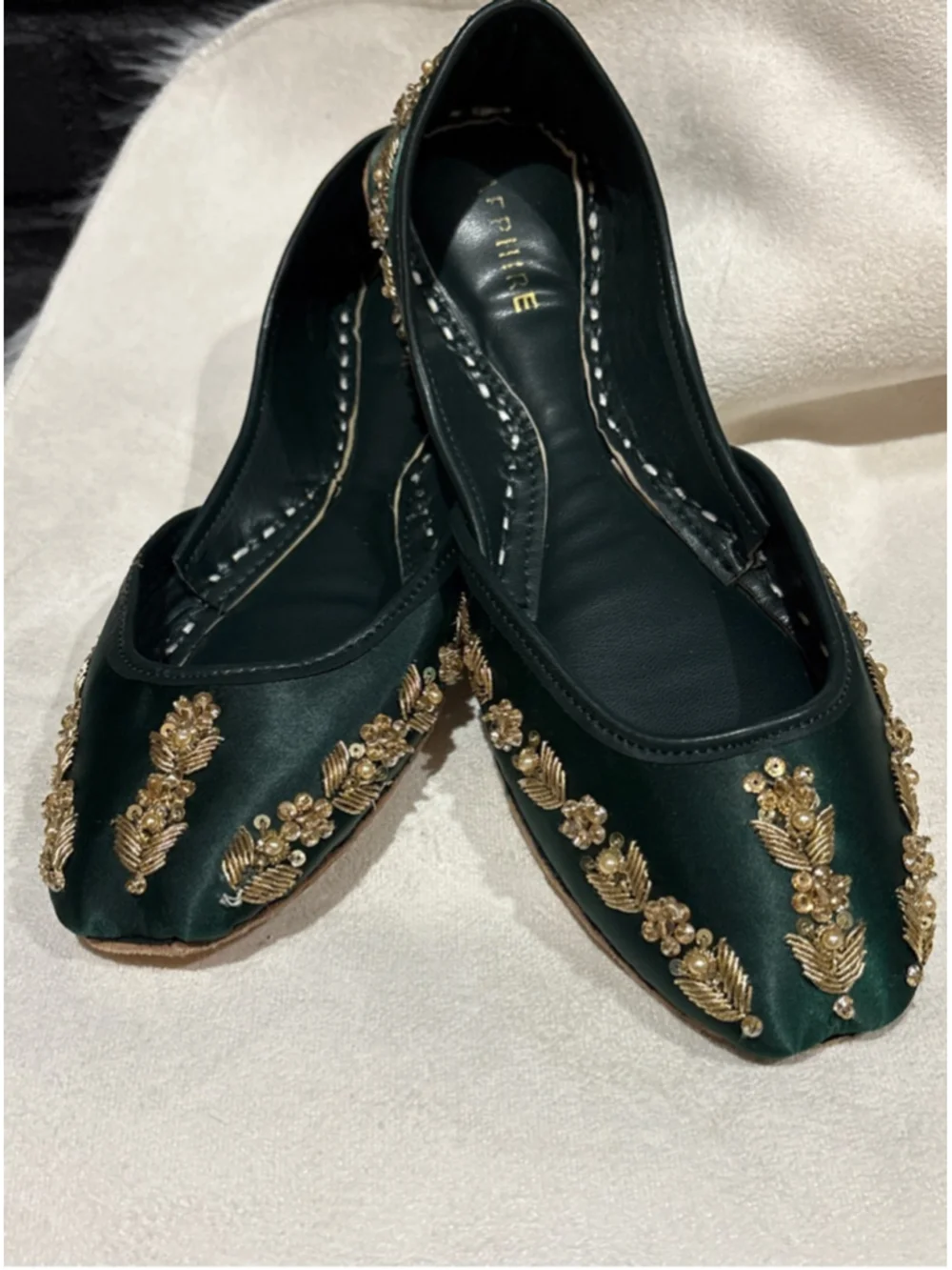 Women's Sapphire Green & Gold Embroidered Flats Size 6